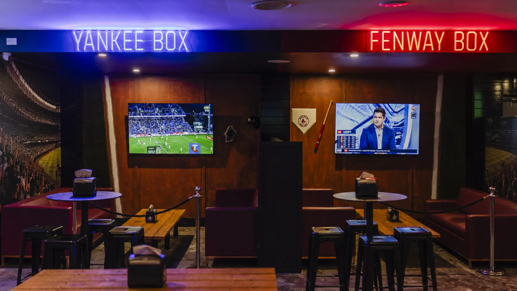 Yankee Box and Fenway Box entrances and seating at KG Sports Bar